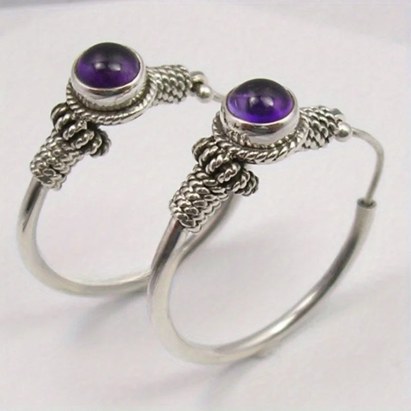 Vintage Bohemian Amethyst Hoop Earrings, Silver-Plated Boho Statement Jewelry