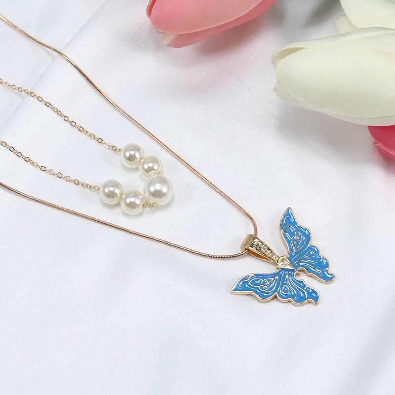 Trendy Barbie Princess Pearl Enamel Butterfly Choker Necklace For Women Holiday Party Gift Fashion Jewelry Accessories N049