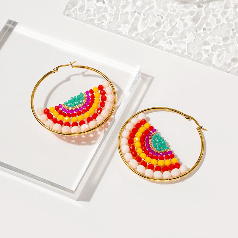 Bohemian Colorful Round Rice Beads Drop Earrings for Women Fashion Multicolor Handmade Dangle Earrings Female Party Jewelry Gift