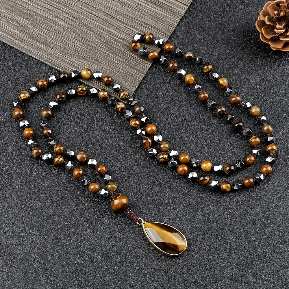 Hematite Tiger Eye 108 Bead Long Necklace Jewelry