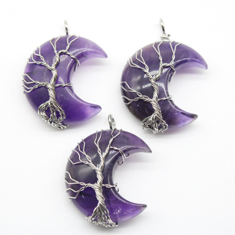 7 Chakras Tree of Life Necklace Wire Wrap Crescent Moons Amethyst Crystal Pendants Quartz Natural Stone Agates Aventurine Make