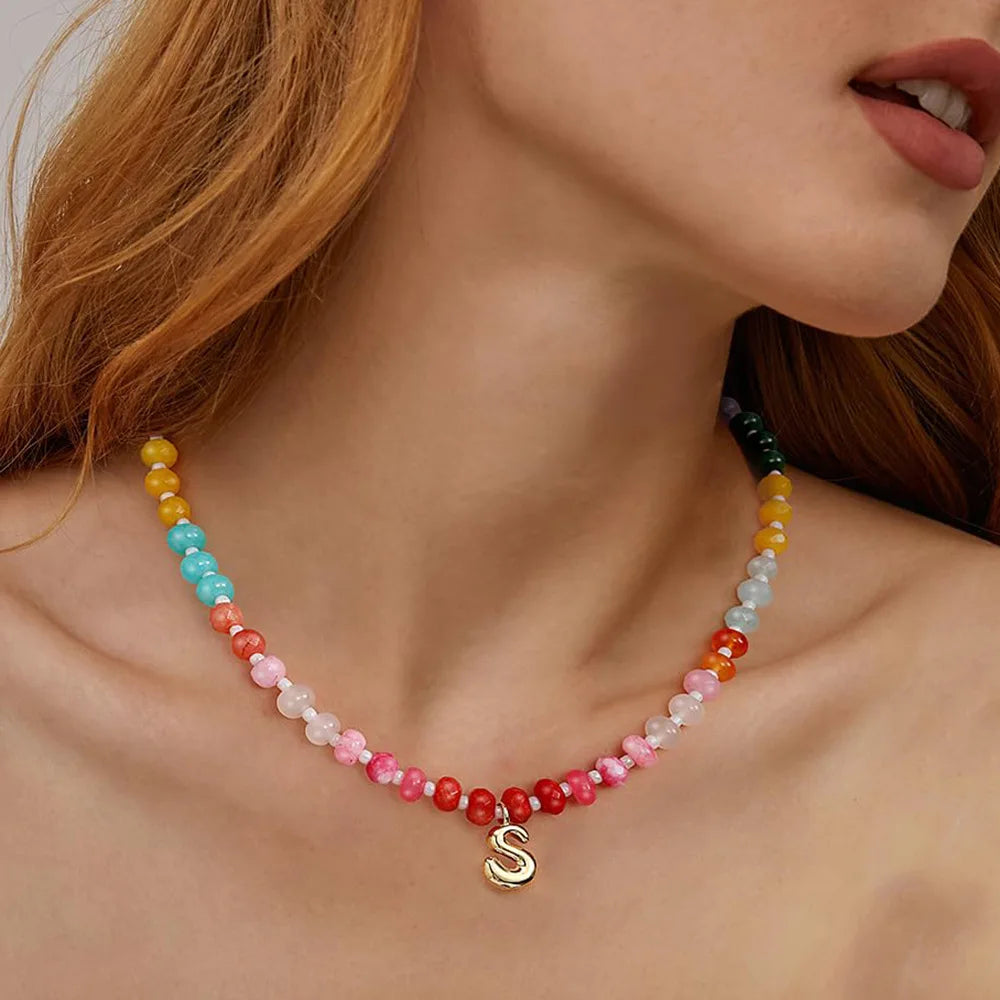 Initial Letter Stone Bead Choker
