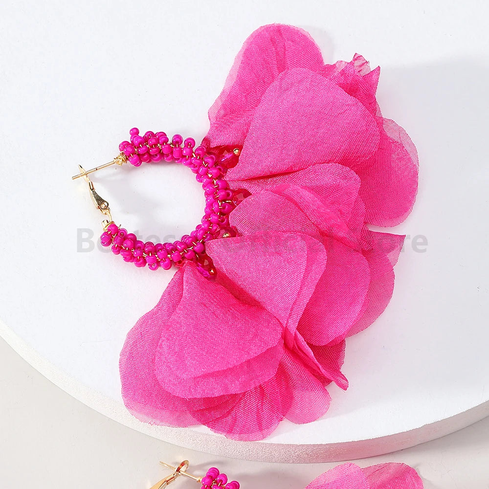 Cotton Flower Petal Beaded Tassel Earrings Jewelry