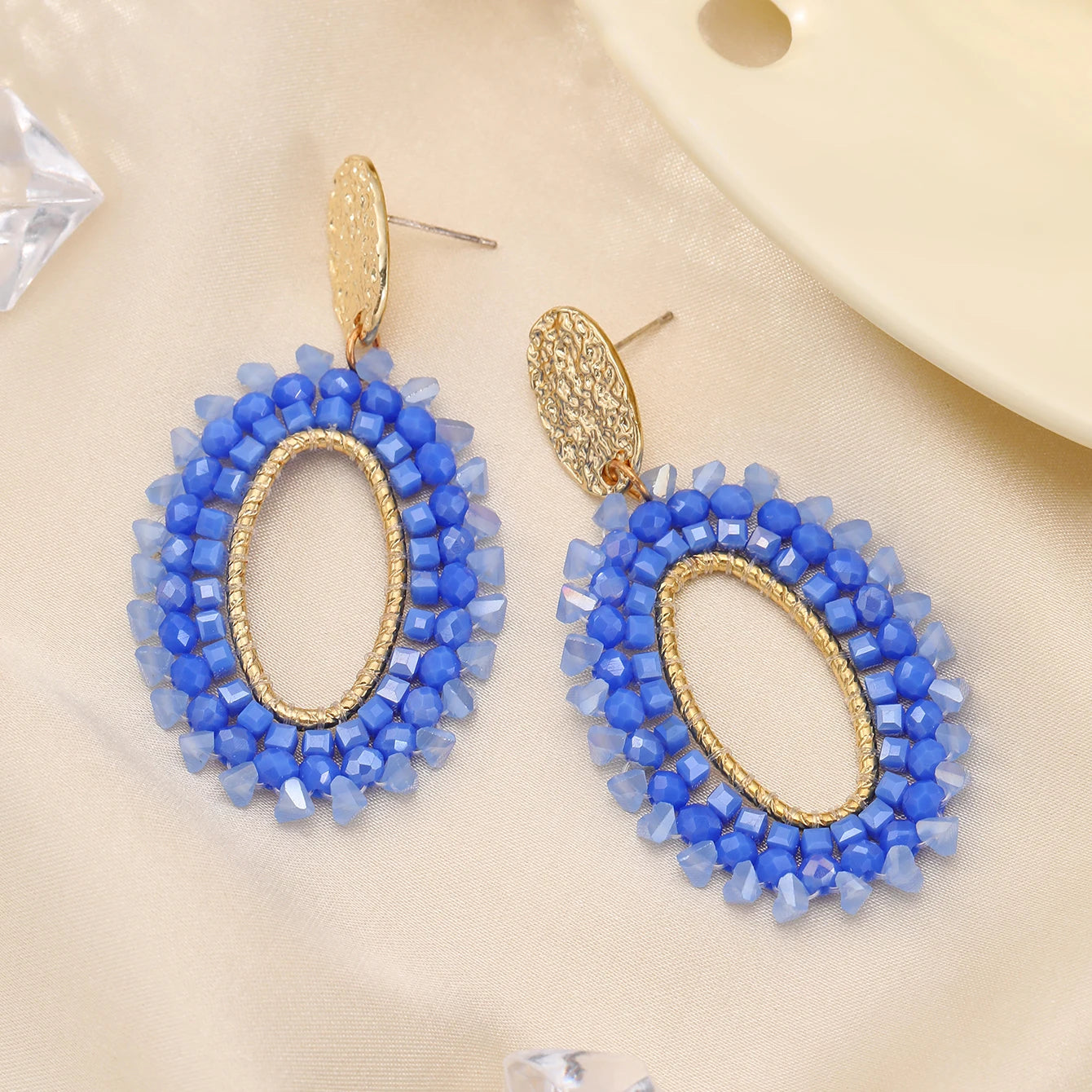 Oval Crystal Bead Big Long Drop Earrings Jewelry