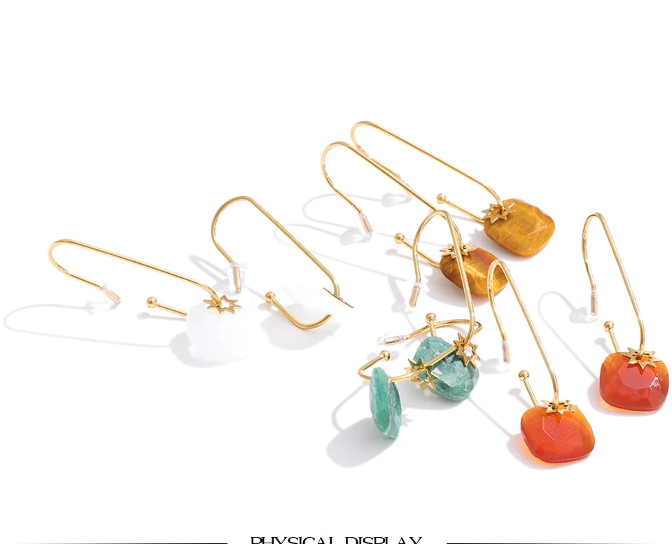Natural Stone Square Drop Earrings, Tiger Eye Agate 14K Gold Waterproof Stainless Steel Jewelry