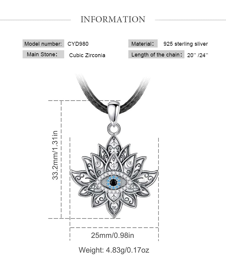 925 Sterling Silver Evil Eye & Lotus Pendant Necklace, Vintage Eudora Sacred Amulet