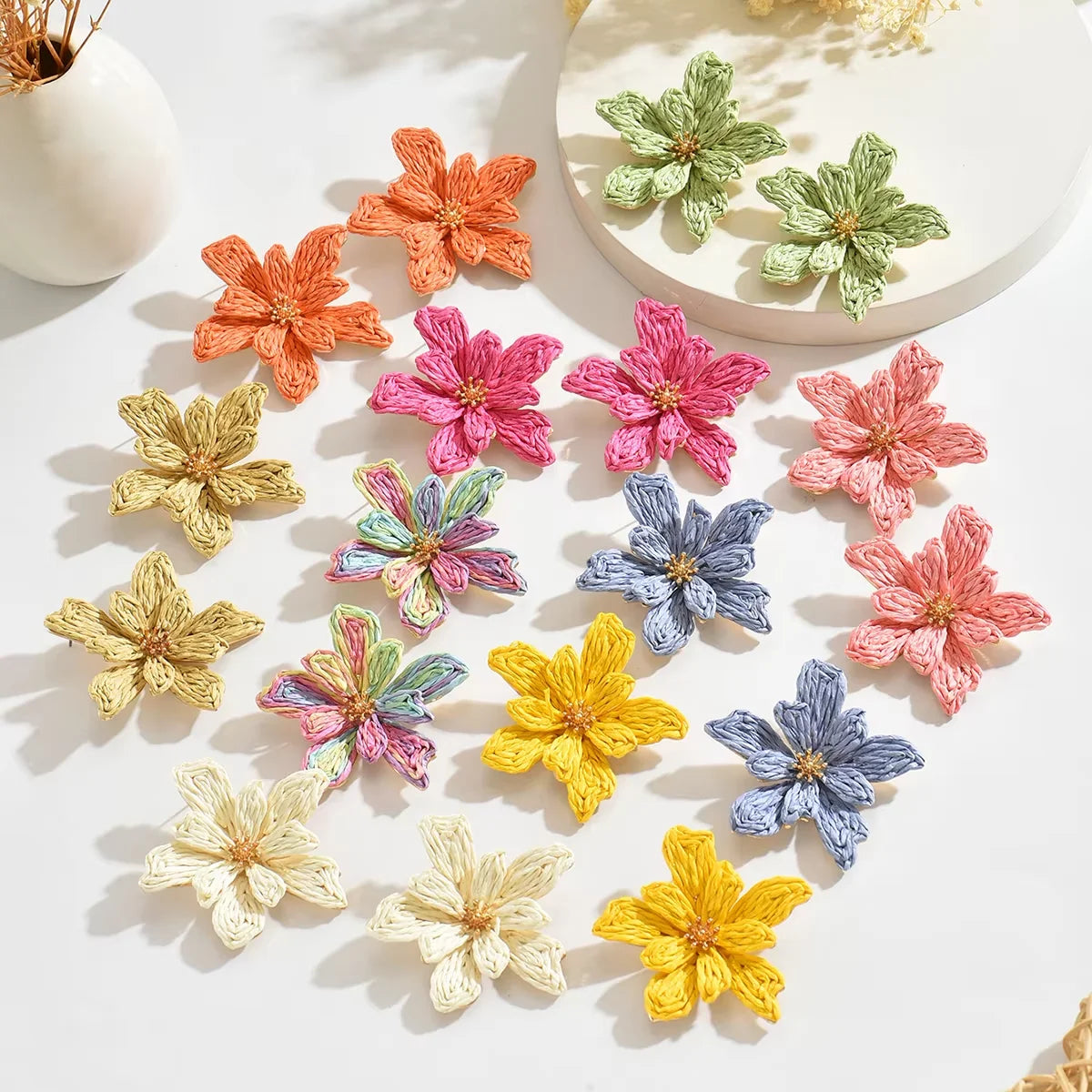Raffia Woven Flower Boho Earrings Jewelry