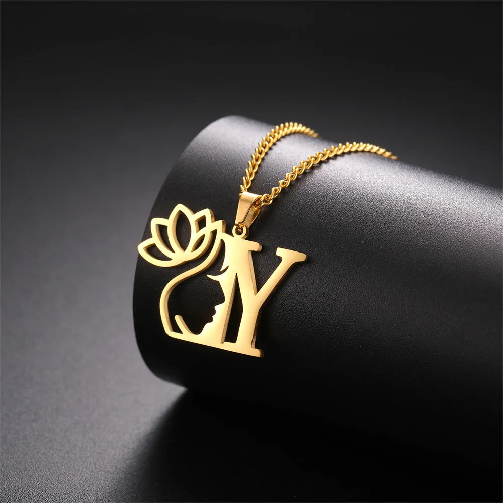 Lotus Flower Initial Letter Pendant, Personalized Stainless Steel Necklace