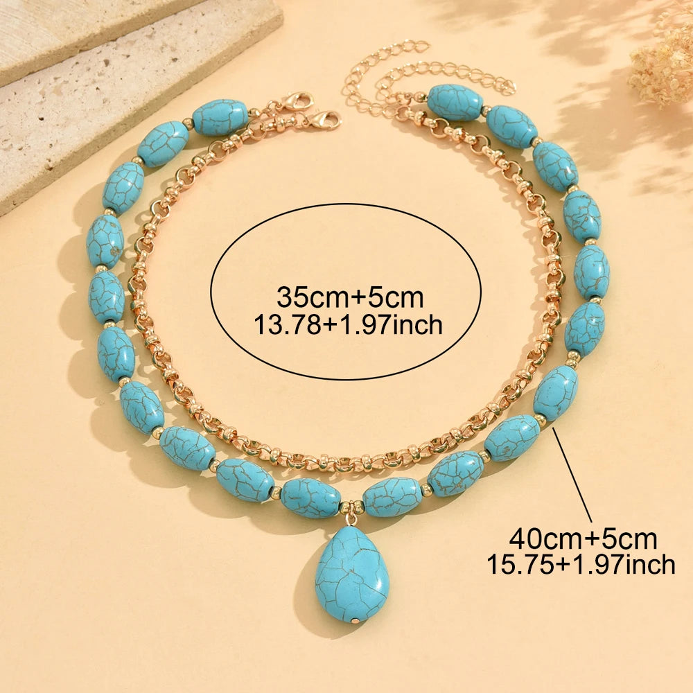 Turquoise Oval Pendant Layered Choker Set Jewelry