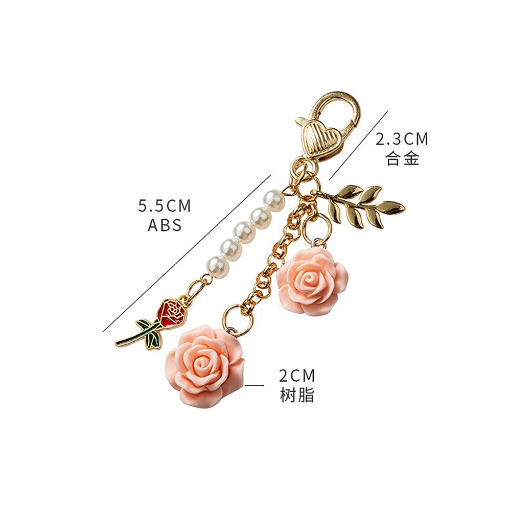 8colors 3D Rose Camellia Keychain Women Girls Sweet Pearl Tassel Flower Keyring With Metal Leaf For Earphone Case Bag Decoration