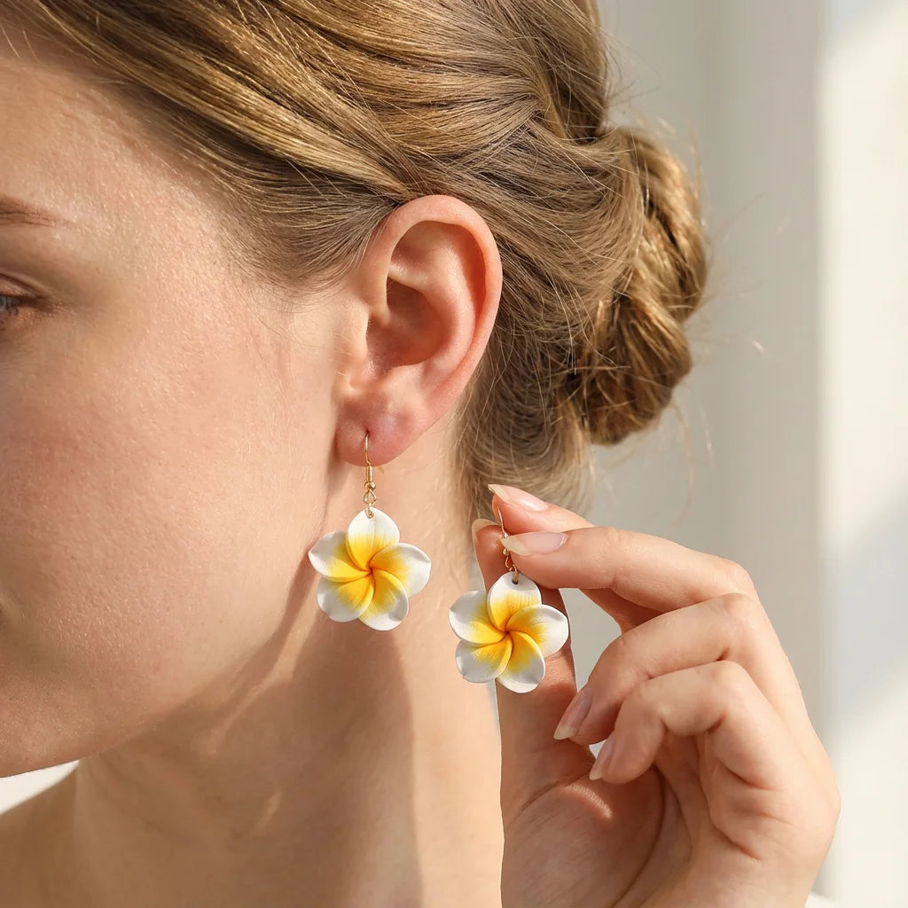 Pink Plumeria Clay Flower Drop Earrings Jewelry