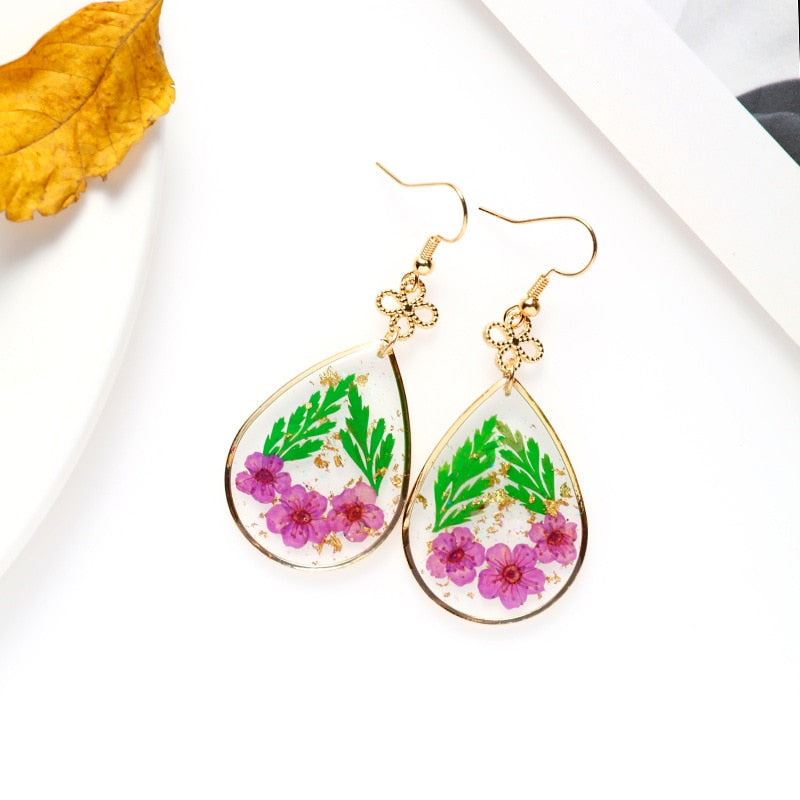 Creative Real Flower Earring Unique Round Dried Flower Drop Earrings Real Floral Sweet Earring For Women Gifts Summer Jewelry