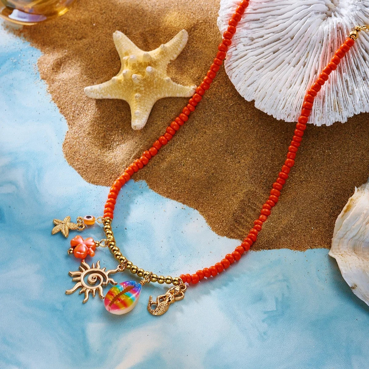 Coral, Rice Bead and Shell Boho Necklace, Earring or Ring