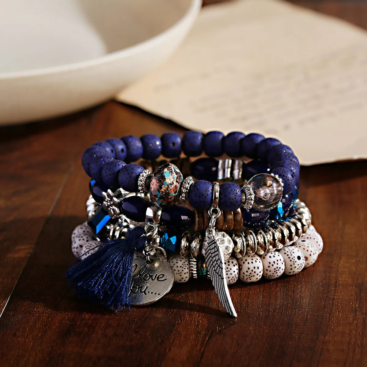 New Bohemian White Beads Tassel Bracelets Set Women Natural Lava Stone Alloy Wing Pendant Charm Bangle Boho Jewelry - Charlie Dolly