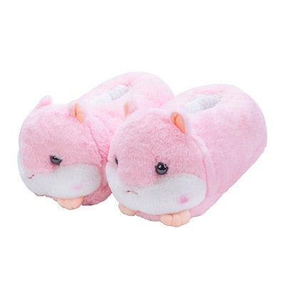 Cute Cartoon Hamster Design House Women Fur Slippers Gray Pink Brown Winter Warm Ladies Plush Shoes Onesize Fluffy Girls Slides