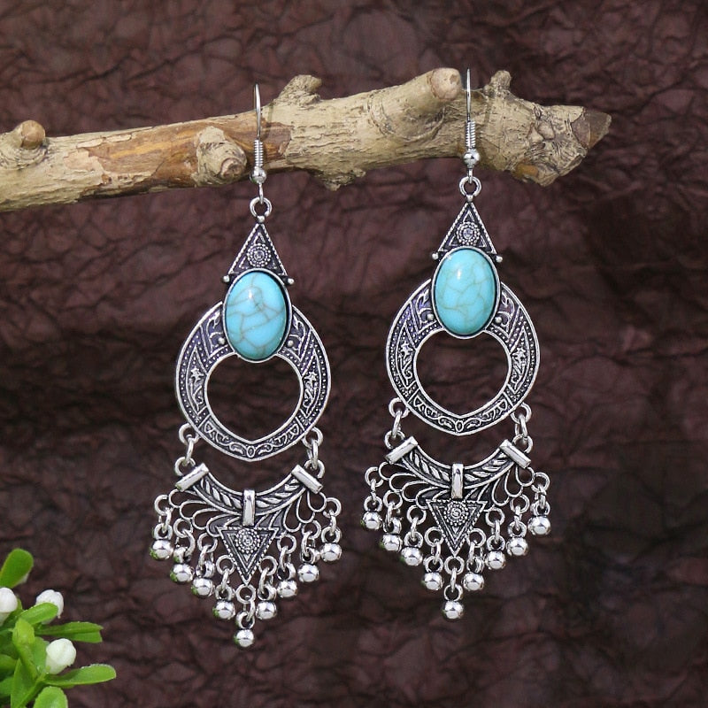 53 Styles Bohemian Vintage Tibetan Silver Geometric Drop Earrings For Women Ethnic Blue Stone Tassel Dangle Earrings Jewelry