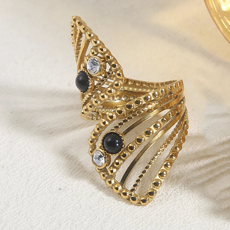 Boho Zircon Twisted Hollow Engagement Rings For Women Baroque Natural Stone Stainless Steel Bling Ring Wedding Fashion Jewelry - Charlie Dolly