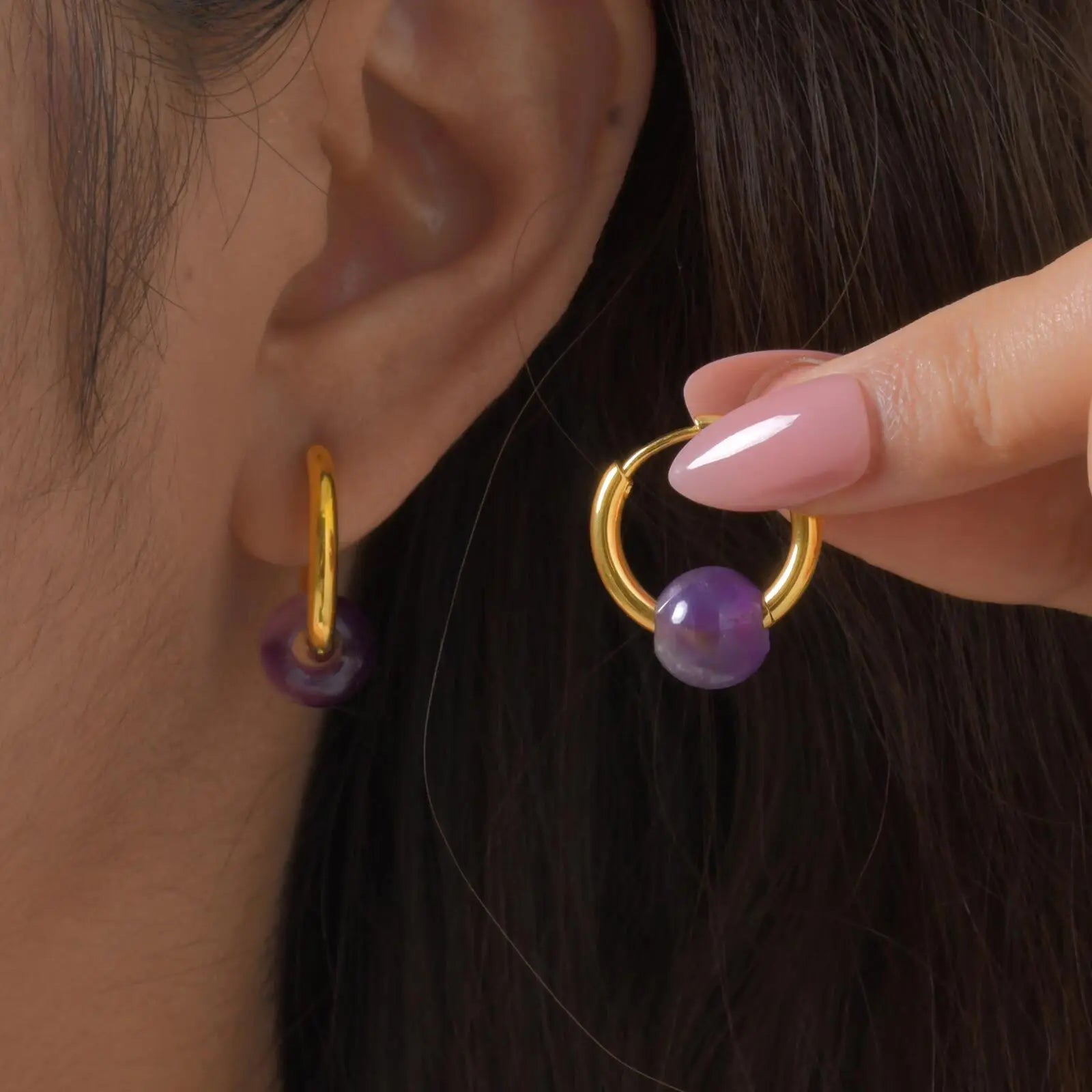 Natural Amethyst Beaded Hoop Earrings, Gold-Plated Stainless Steel Waterproof Jewelry