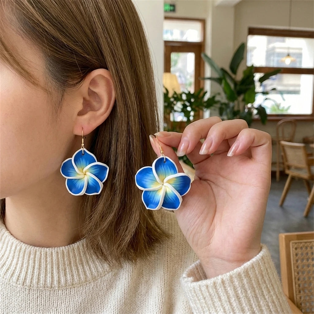 Pink Plumeria Clay Flower Drop Earrings Jewelry