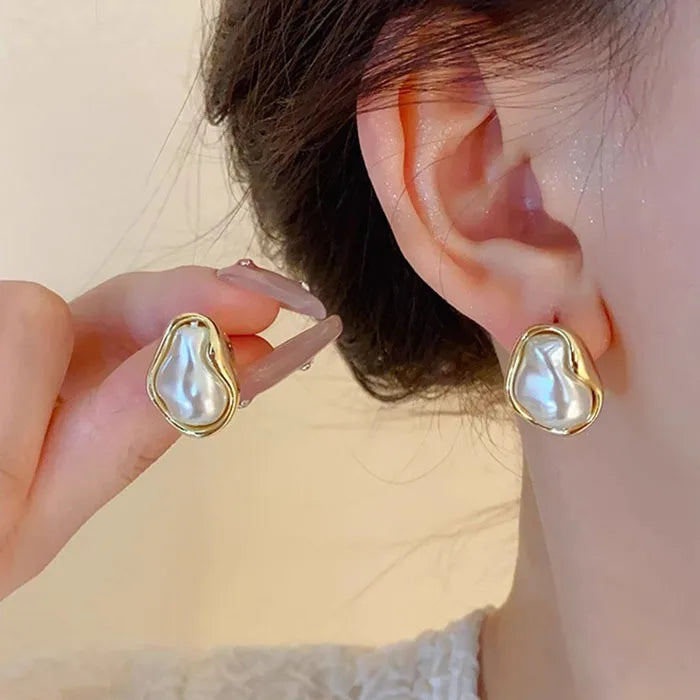 Irregular Pearl Gold Side Stud Earrings Jewelry