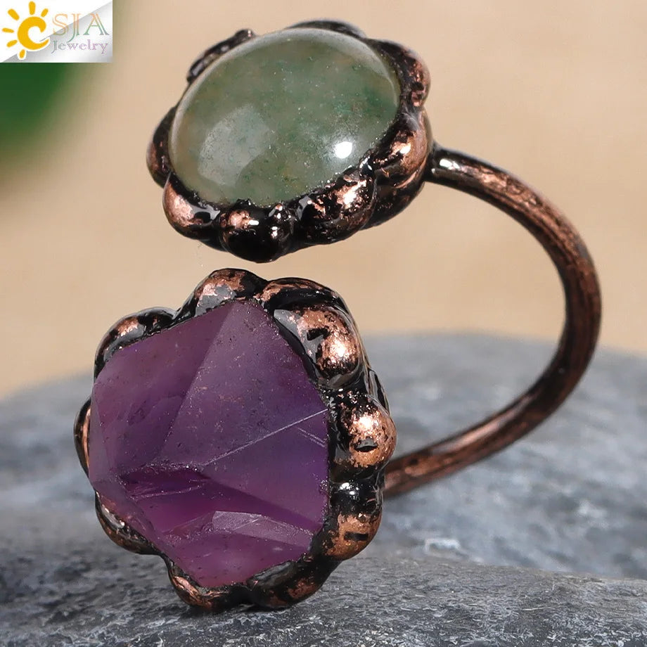CSJA Vintage Silver Rings Natural Stone Amethyst Ring for Women Adjustable Design Handmade Fashion Jewelry Boho Accessories H765 - Charlie Dolly