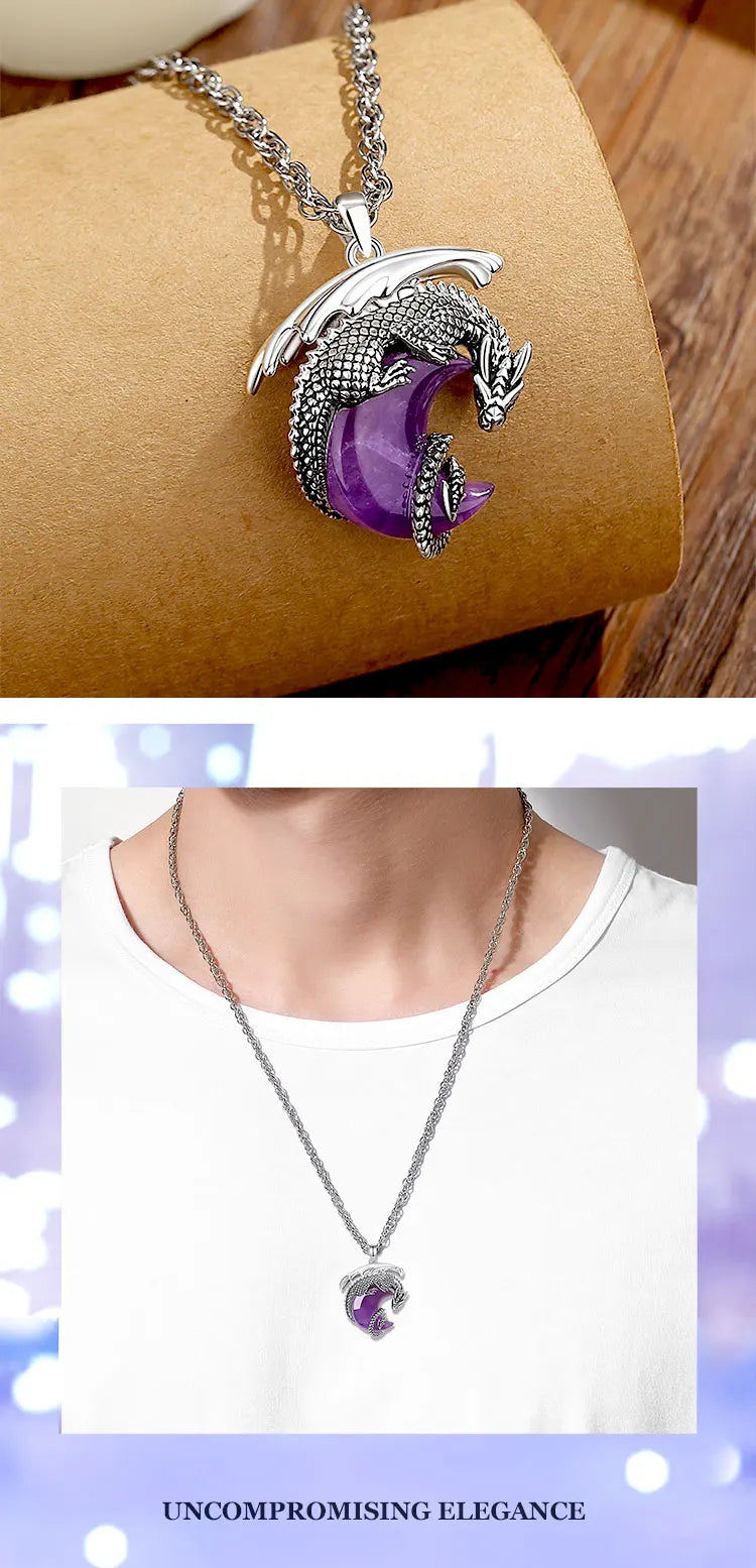 Natural Amethyst Dragon Crescent Moon Pendant Necklace, Healing Crystal Talisman