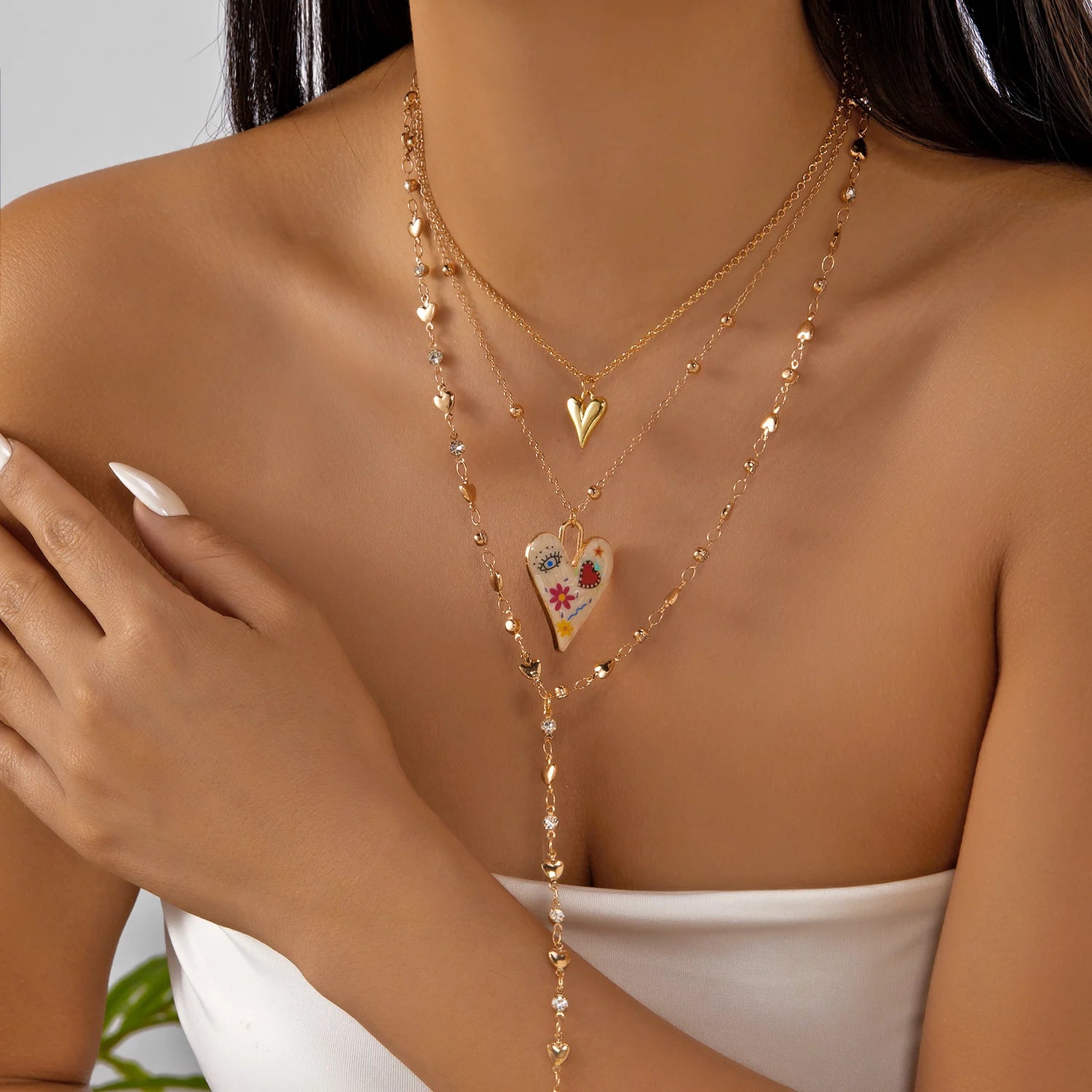 Crystal Tassel Heart Pendant Layered Choker Necklace Jewelry