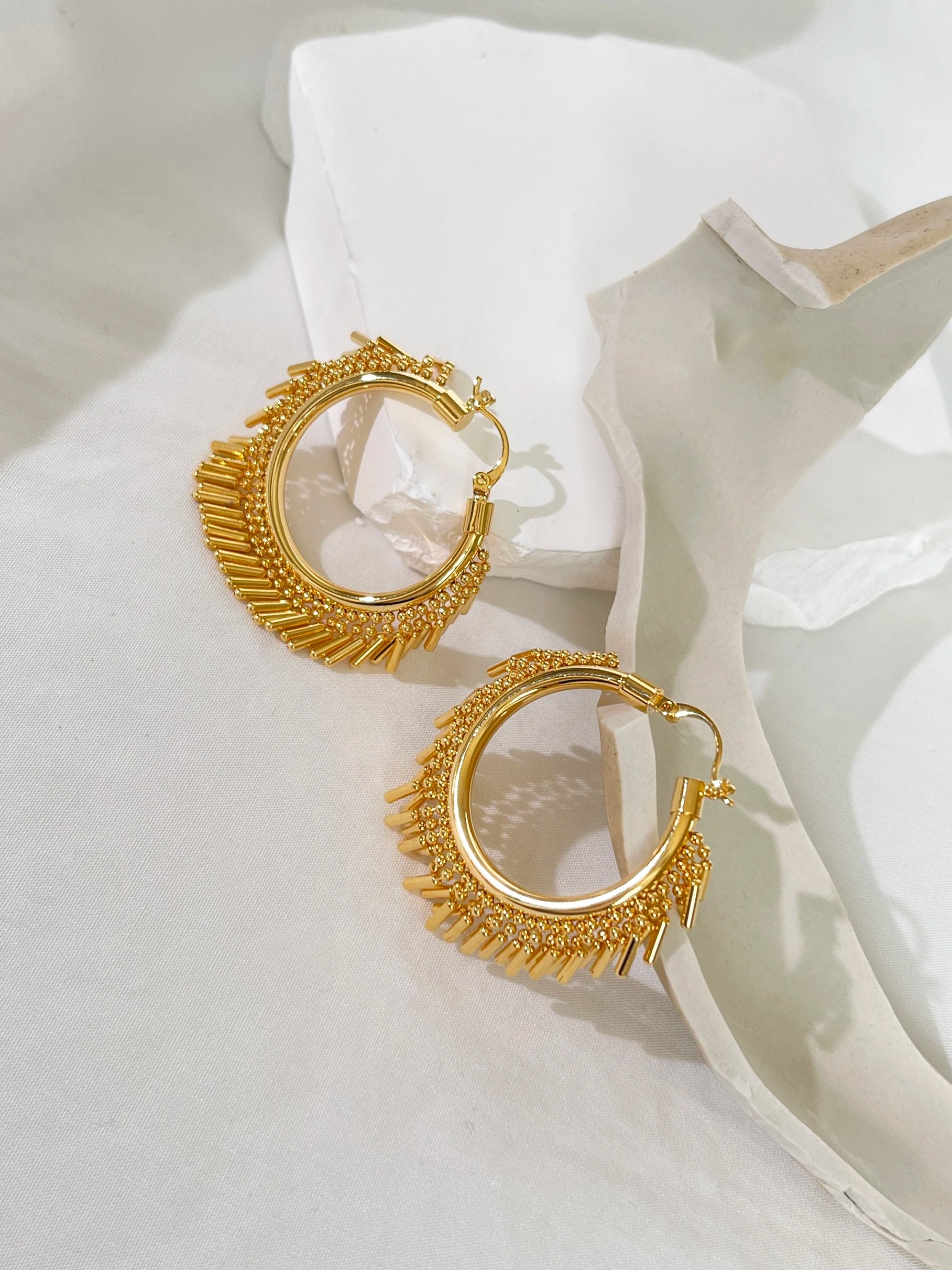 Gold Bead Bar Tassel Hoop Huggie Earrings Jewelry