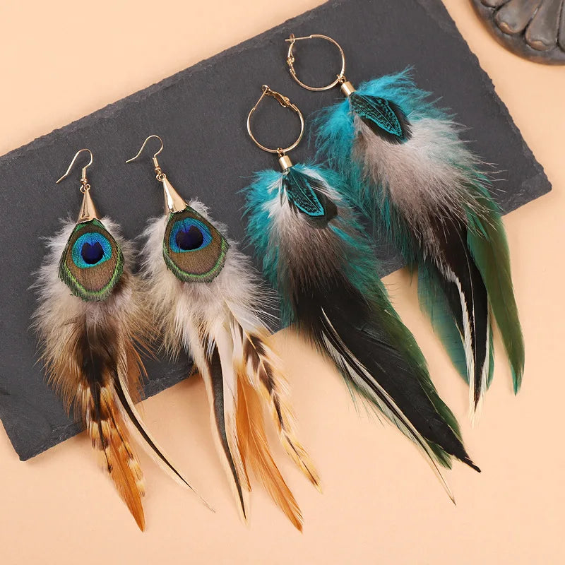 Peacock Feather Long Statement Earrings Jewelry