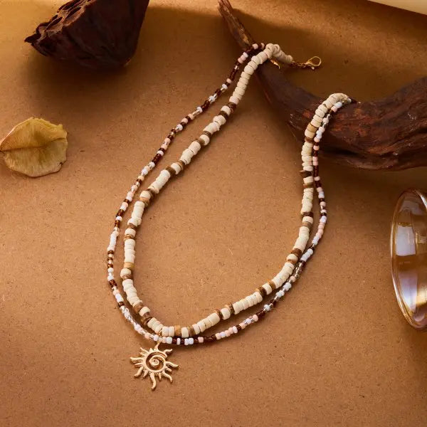 Layered Sun Pendant Bead Choker Necklace Jewelry