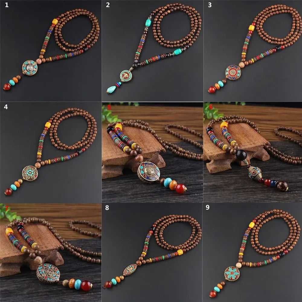 Wood Bead Long Sweater Chain Tassel Necklace Jewelry