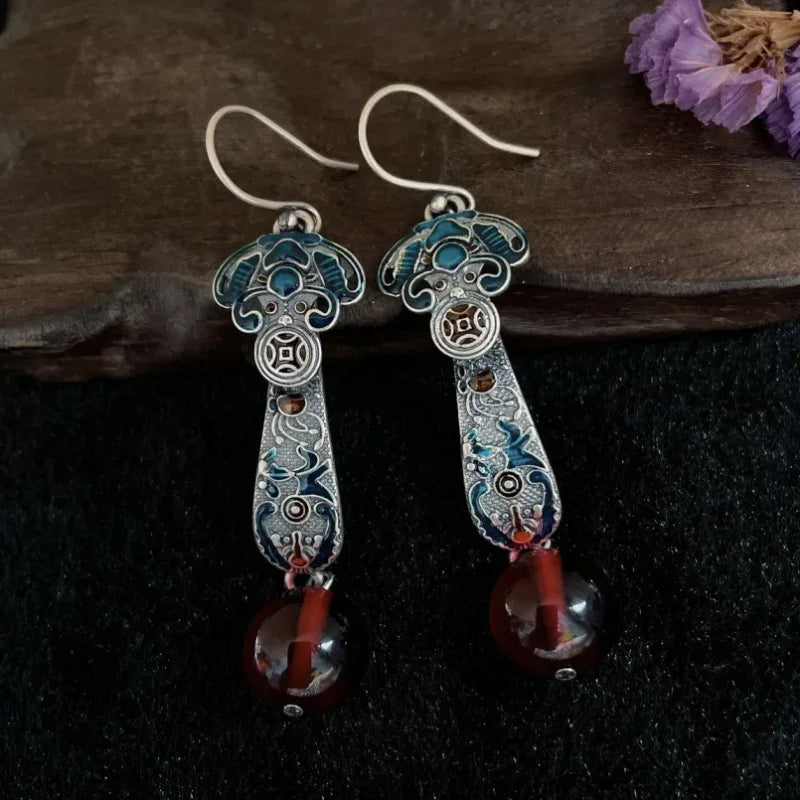 National Style Red Agate Earings 925 Silver Blue Retro Ruyi Lapis Lazuli Earrings for Women Exquisite Banquet Jewelry - Charlie Dolly