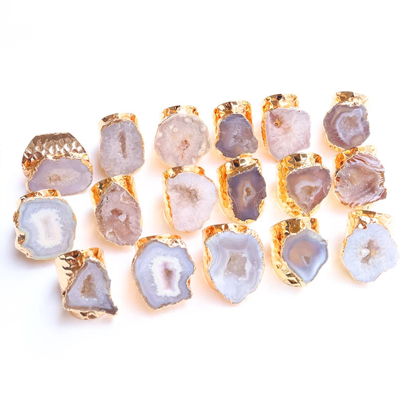 Irregular Natural Geode Stone Rings Agate Slices Wide Open Ring for Women Men Boho Resizable Finger Jewelry - Charlie Dolly