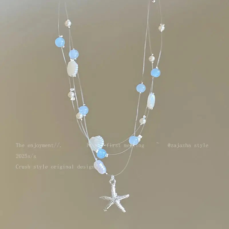 Seaside Starfish, Shell and Pearl Layered Choker Necklace