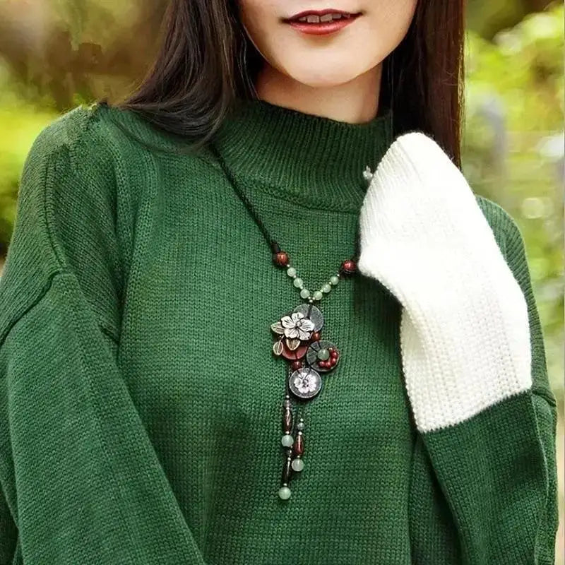 Turquoise Wood Jade Long Sweater Chain Necklace Jewelry
