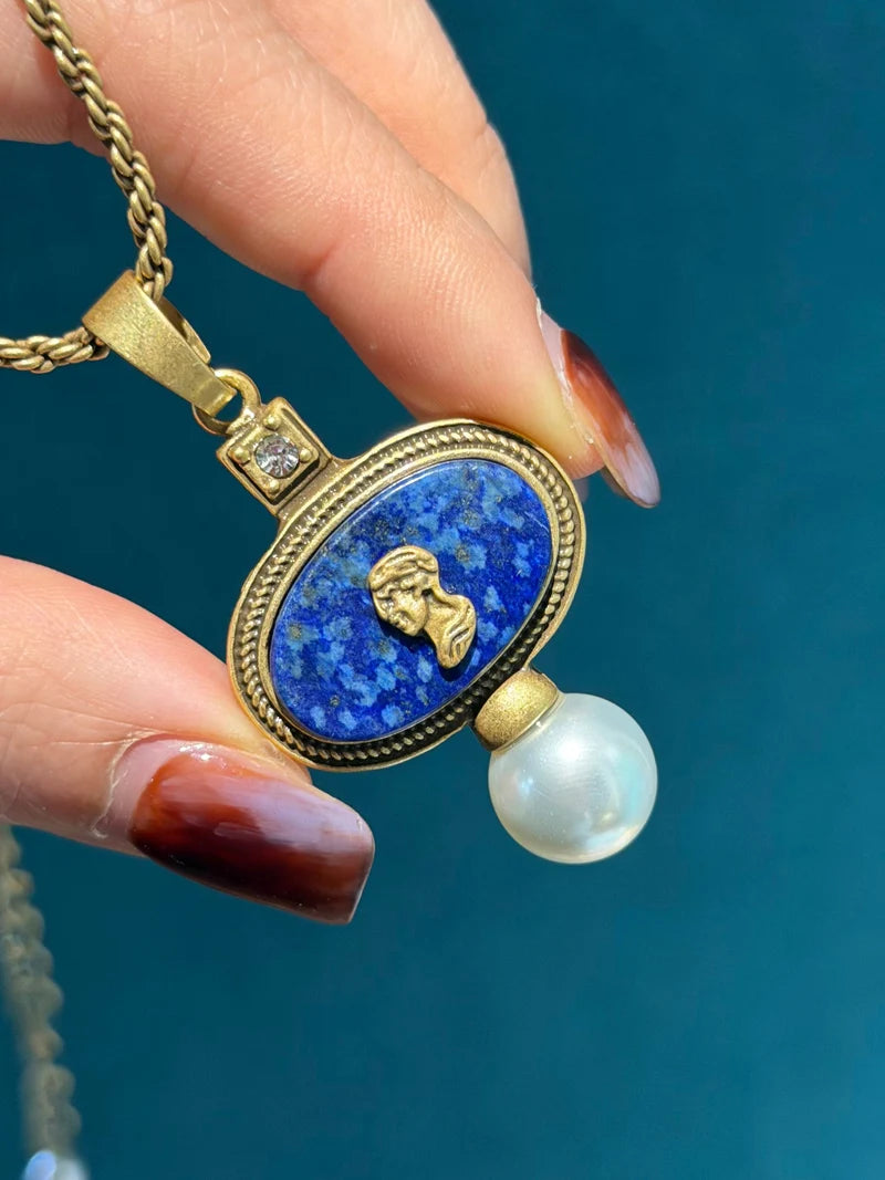 Vintage Cameo Jewelry Set Woman Avatar Pendent Pearl Necklace Lapis Lazuli Stud Earrings Blue Natural Stone Wedding Party 2026 - Charlie Dolly