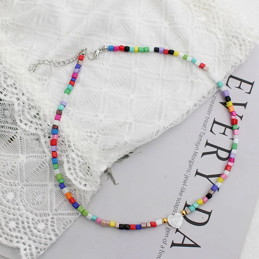 Polymer Clay Heart and Natural Shell Bead Boho Choker