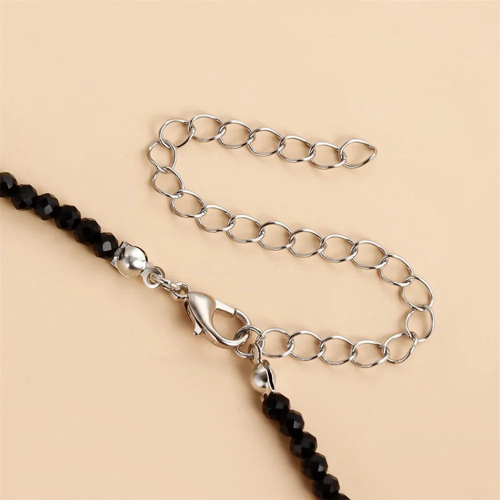Black Bead Silver Tassel Choker Necklace Jewelry