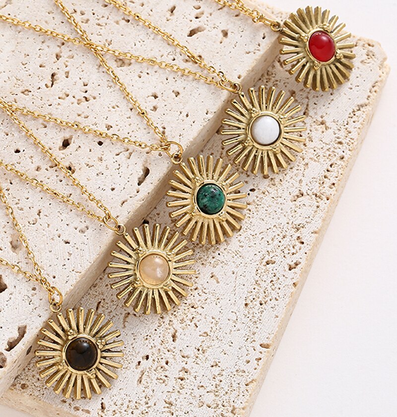 Bohemia Natural Stone Sunflower Pendant Necklaces for Women Stainless Steel Clavicle Chain Necklaces Female Party Jewelry Gifts