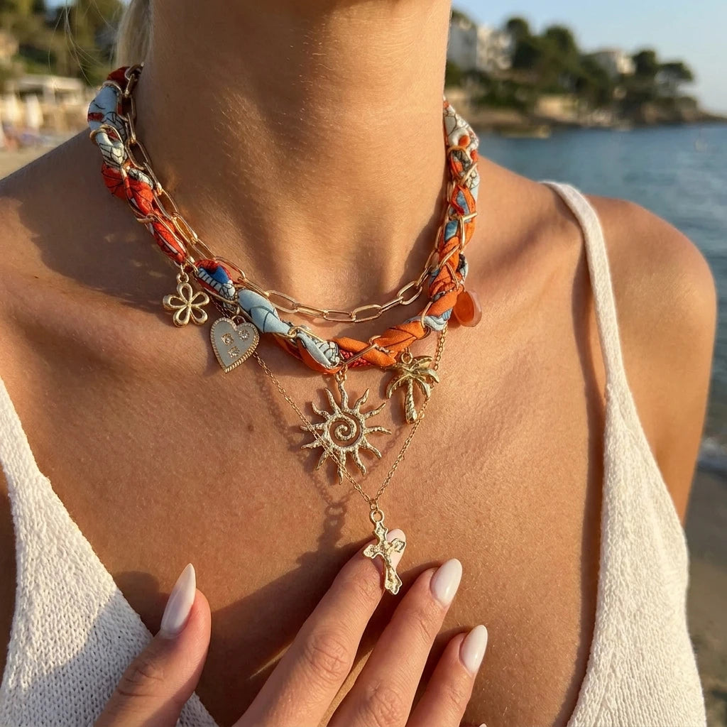 Cross Sun Coconut Tree Layered Necklace Jewelry