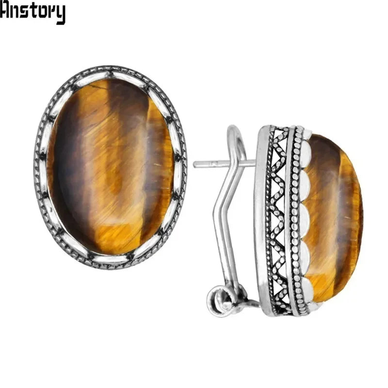 Oval Natural Lapis Lazuli Tiger Eye Pink Quartz Jades Blue Sequins Earrings Antique Sliver Plated Fashion Jewelry For Women - Charlie Dolly