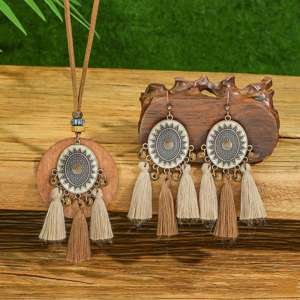 Wood Round Tassel Necklace Earring Set Jewelry