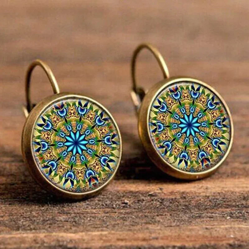 Vintage Flower Pattern Round Drop Earrings, Bohemian Boho Jewelry