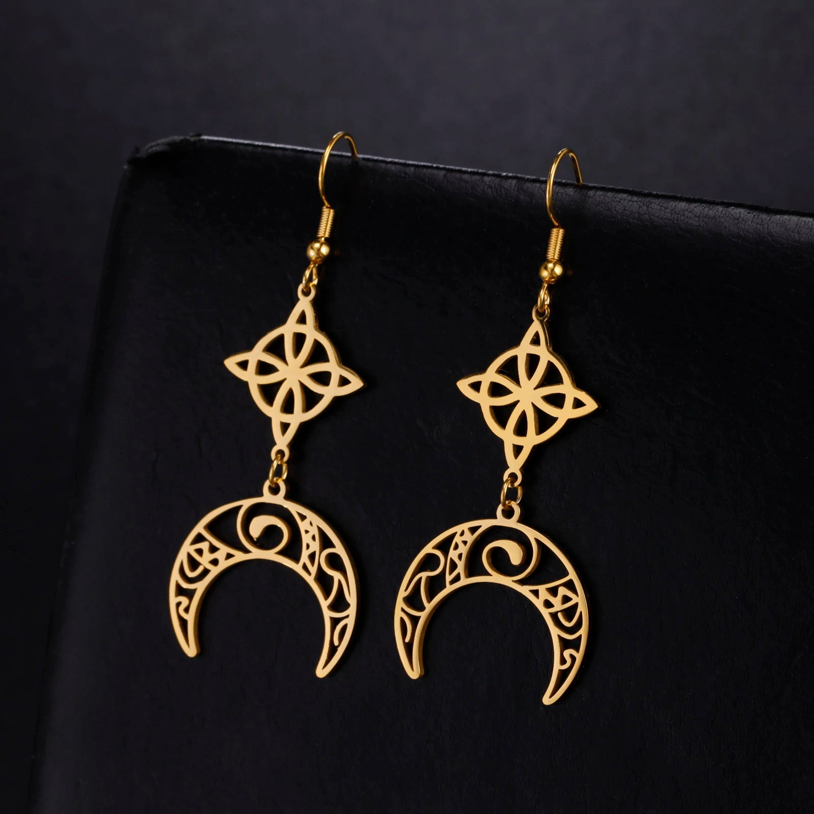 Triple Moon, Rune & Pentagram Hoop Earrings, Stainless Steel Witchy Amulet