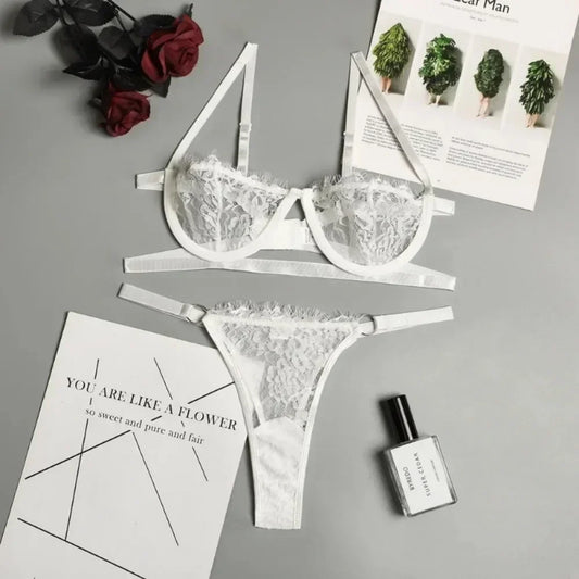 Sexy Lingerie Woman Lace Transparent Underwear Fairy Embroidery Brief Sets Delicate Bra Kit Push Up Breves Sets Thin Erotic Bras - Charlie Dolly