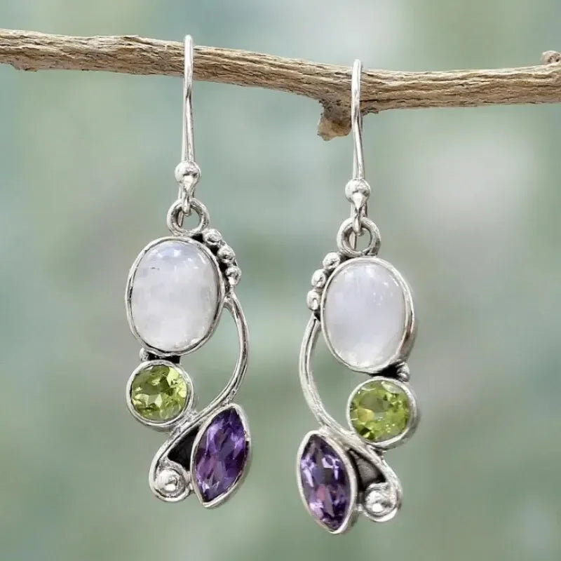 Moonstone Vintage Pendant Hook Earrings Jewelry