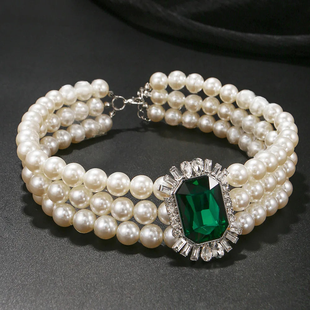 Pearl Green Crystal Layered Choker Necklace Jewelry
