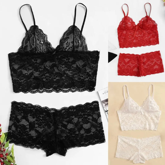 Sexy Women Lingerie Set Thin Lace Flower Printed Underwear Suit Female Adjustable Shoulder Underwear Sleepwear Briefs Set белье - Charlie Dolly