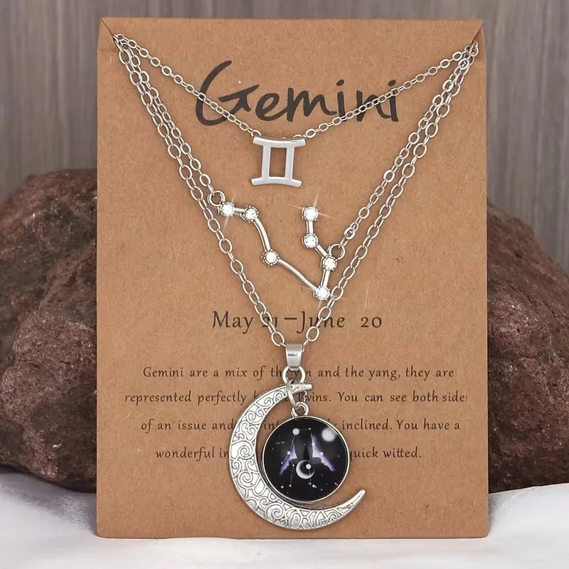 Zodiac Moon Glow Pendant Necklace Set of 3 with Birthstone Cards, Bestie & BFF Gift