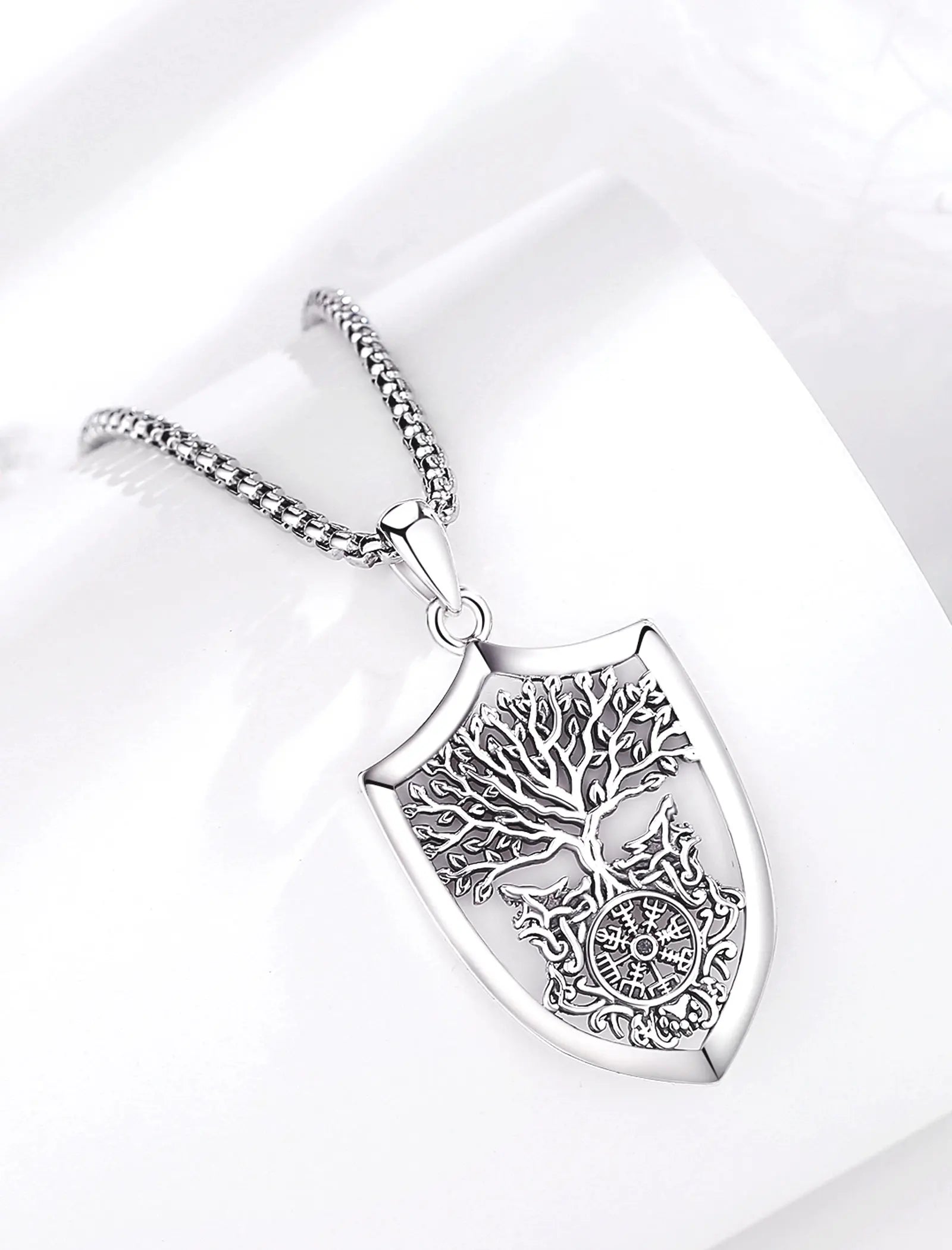S925 Sterling Silver Viking Yggdrasil Compass Pendant Necklace, Tree of Life Wolf Norse Amulet